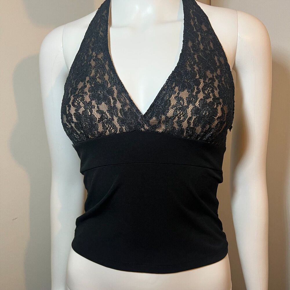 Vintage Forever 21 Black Lace Halter Top S Goth Y2K 90s Whimsigoth Romantic Vamp